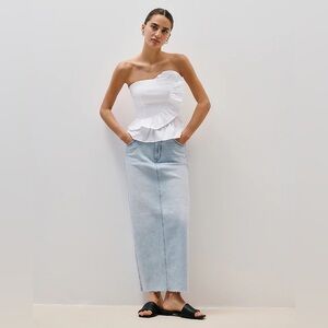 NWT Express High Waisted Raw Hem Back Slit Maxi Denim Skirt